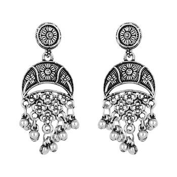 silver oxidised traditional ethnic ghungroo long necklace jewellery set with earrings  3