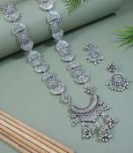 silver oxidised traditional ethnic ghungroo long necklace jewellery set with earrings 