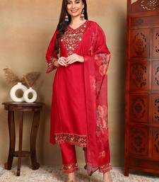 Pink solid silk blend embroidered fancy straight trousers with dupatta