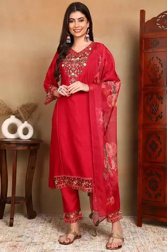 Pink solid silk blend embroidered fancy straight trousers with dupatta