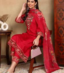 Pink solid silk blend embroidered fancy straight trousers with dupatta