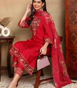 Pink solid silk blend embroidered fancy straight trousers with dupatta