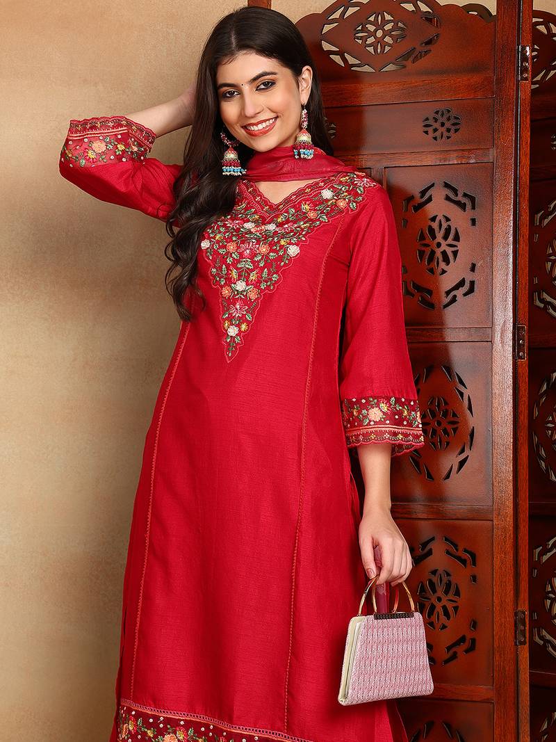 Pink solid silk blend embroidered fancy straight trousers with dupatta