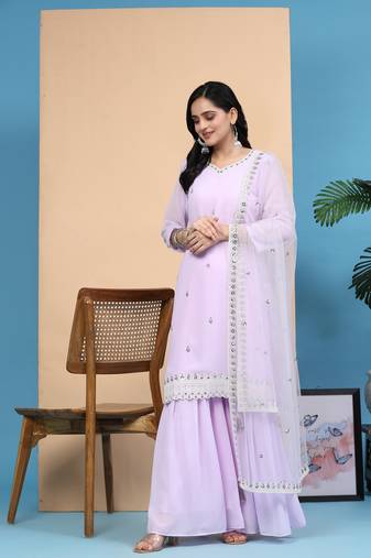 Women's Georgette Embroidery Sequins Work Kurta Sharara Set with Dupatta Kurta Set for Women