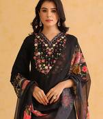 Elegant Black Silk Floral Embroidered Kurti with Organza Dupatta
