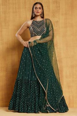 Dark Green Wedding Party Wear Sequin Work Lehenga Choli 1