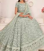 Pista Green Embroidered Wedding Lehenga Choli  - Semi-Stitched