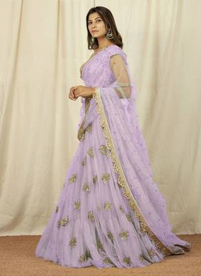 Lavender Raw Silk Net Embroidered Lehenga Choli 1