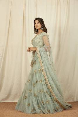 Olive Raw Silk Net Embroidered Lehenga Choli 1