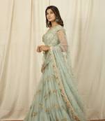 Olive Raw Silk Net Embroidered Lehenga Choli