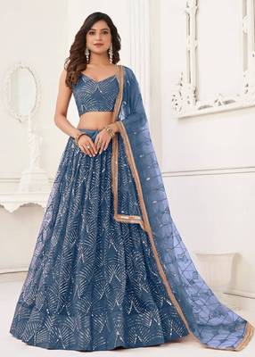 Blue Net Lehenga Choli Set for with Sequins Embroidery 1
