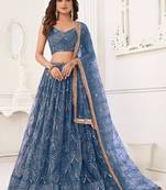 Blue Net Lehenga Choli Set for with Sequins Embroidery