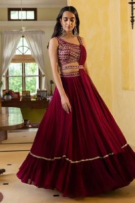 Georgette Lehenga Choli Set in Wine Red 1