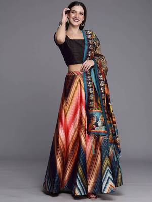 Classiques Black Satin Silk Multicolor Printed Lehenga Choli Set 1