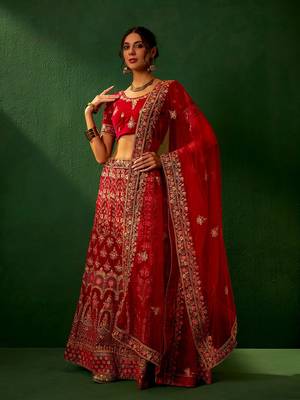 Royal Red Velvet Heavy Zari Embroidered Bridal Lehenga Choli 2