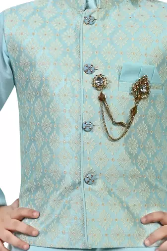 Boys cotton blend jacquard waistcoat with kurta pajama set - sky blue