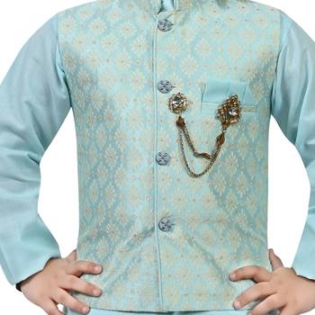 Boys cotton blend jacquard waistcoat with kurta pajama set - sky blue 6