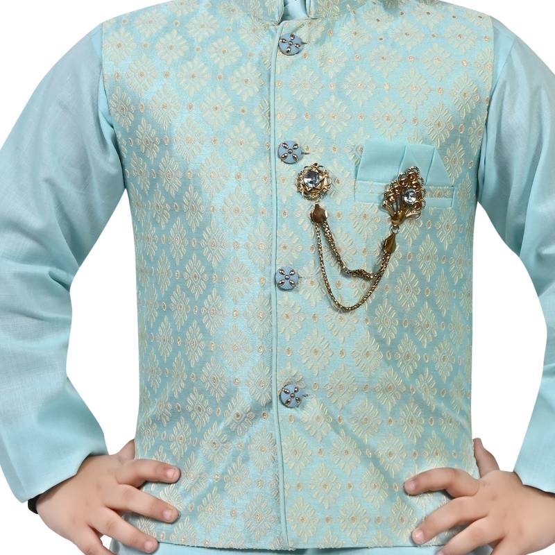 Boys cotton blend jacquard waistcoat with kurta pajama set - sky blue