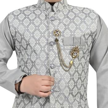 Boys cotton blend jacquard waistcoat with kurta pajama set - grey 5