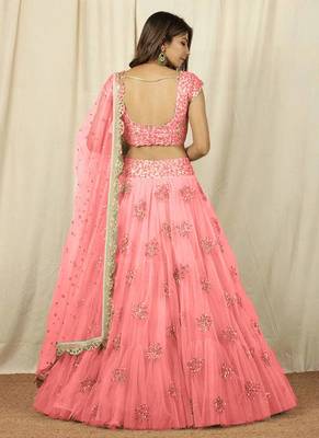 Baby Pink Raw Silk Net Embroidered Lehenga Choli 3