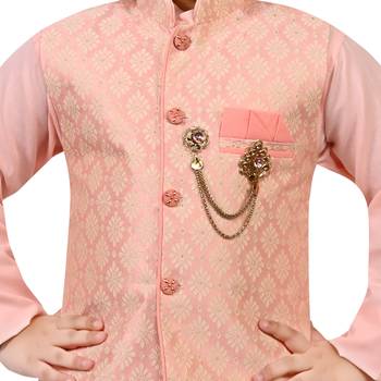 Boys cotton blend jacquard waistcoat with kurta pajama set - rose pink 5