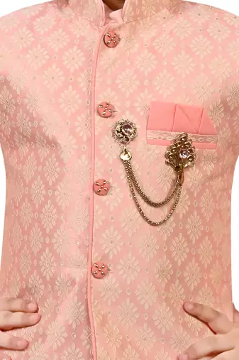 Boys cotton blend jacquard waistcoat with kurta pajama set - rose pink