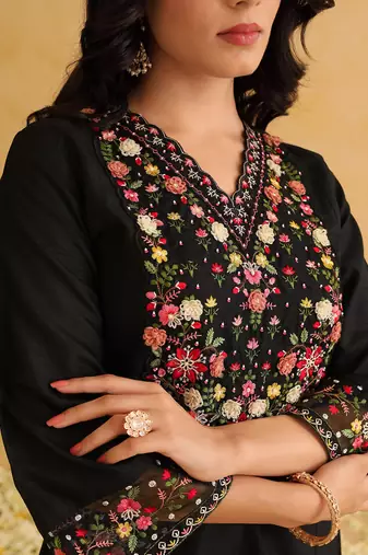 Elegant Black Silk Floral Embroidered Kurti with Organza Dupatta