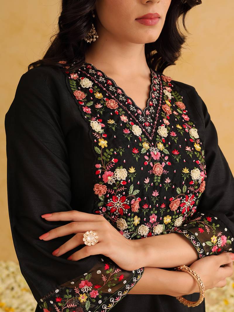 Elegant Black Silk Floral Embroidered Kurti with Organza Dupatta