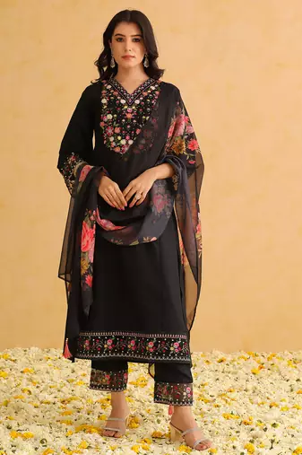Elegant Black Silk Floral Embroidered Kurti with Organza Dupatta