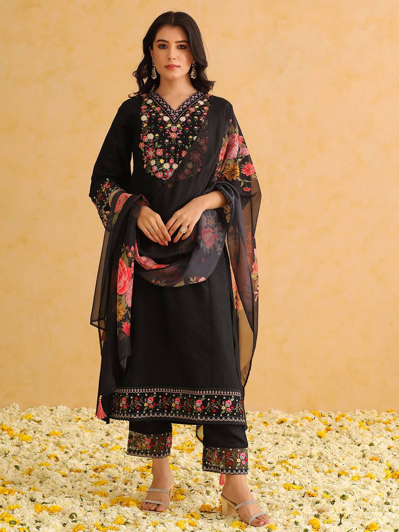 Elegant Black Silk Floral Embroidered Kurti with Organza Dupatta