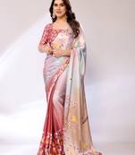 Cream Printed Satin Digital Print Saree With Blouse Piece