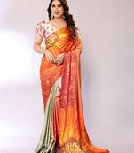Orange Printed Satin Digital Print Saree With Blouse Piece