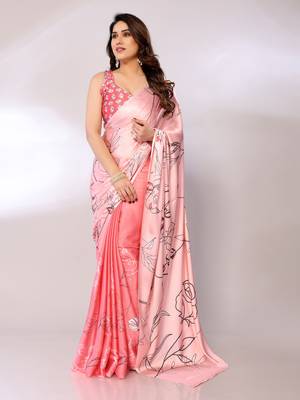 Pink Printed Satin Digital Print Saree With Blouse Piece 1