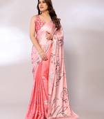 Pink Printed Satin Digital Print Saree With Blouse Piece