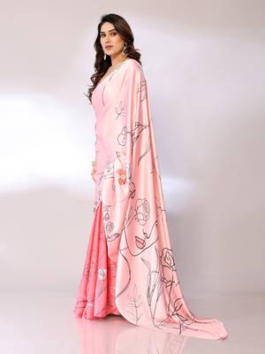 Pink Printed Satin Digital Print Saree With Blouse Piece 2