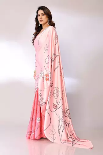 Pink Printed Satin Digital Print Saree With Blouse Piece