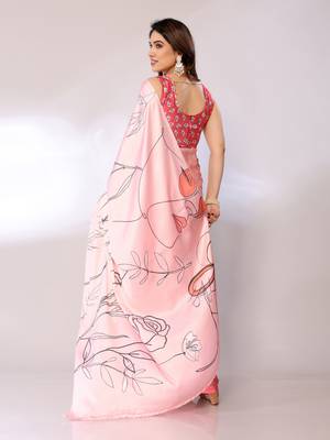 Pink Printed Satin Digital Print Saree With Blouse Piece 3