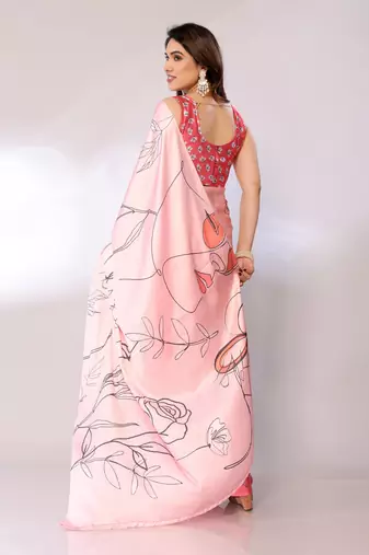 Pink Printed Satin Digital Print Saree With Blouse Piece