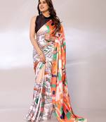 Multi Printed Satin Digital Print Saree With Blouse Piece