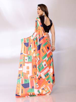 Multi Printed Satin Digital Print Saree With Blouse Piece 2
