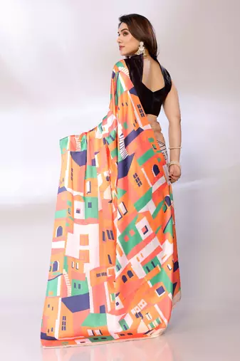 Multi Printed Satin Digital Print Saree With Blouse Piece