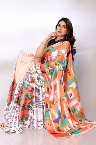 Multi Printed Satin Digital Print Saree With Blouse Piece