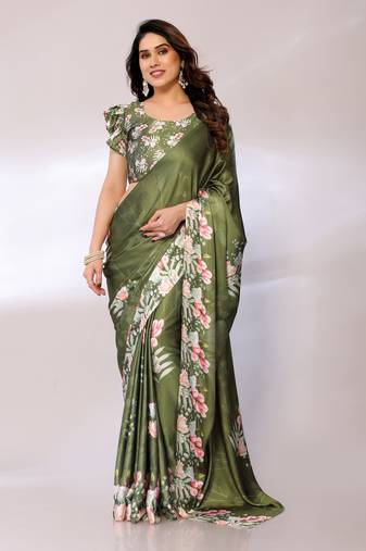 Green Printed Satin Digital Print Saree With Blouse Piece