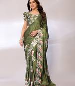 Green Printed Satin Digital Print Saree With Blouse Piece