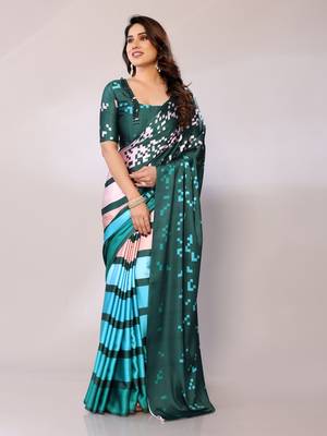 Teal Printed Satin Digital Print Saree With Blouse Piece 1