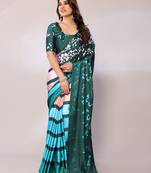 Teal Printed Satin Digital Print Saree With Blouse Piece