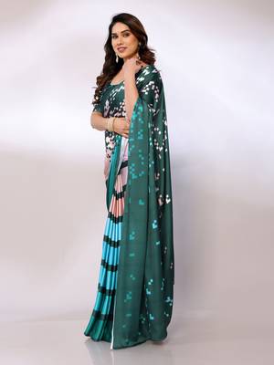 Teal Printed Satin Digital Print Saree With Blouse Piece 2