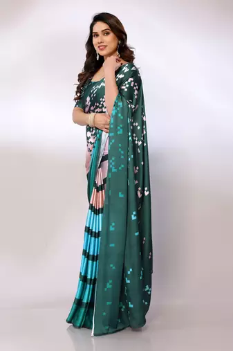 Teal Printed Satin Digital Print Saree With Blouse Piece
