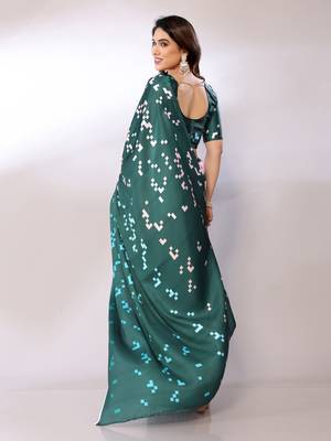 Teal Printed Satin Digital Print Saree With Blouse Piece 3