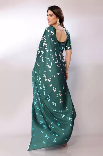 Teal Printed Satin Digital Print Saree With Blouse Piece